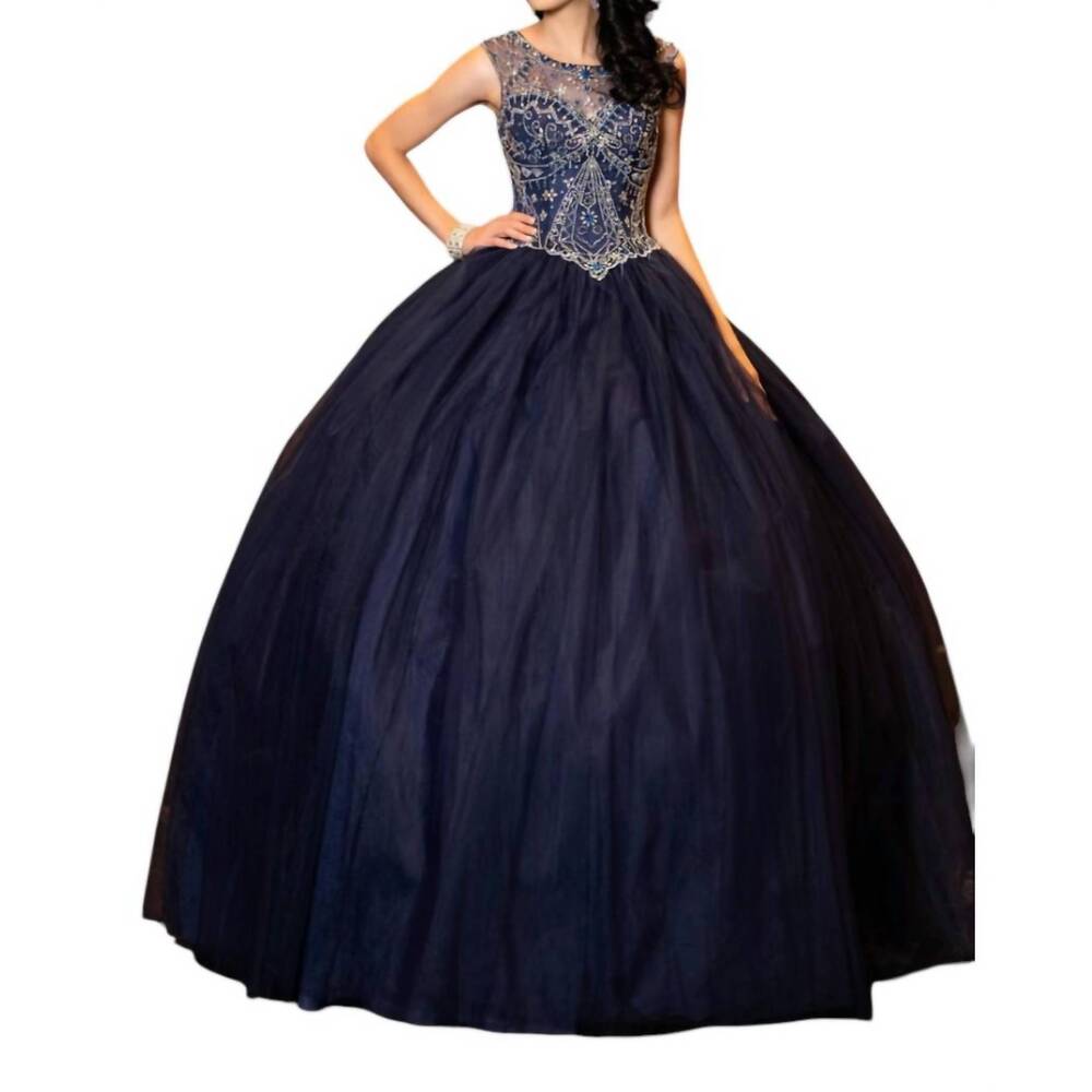 NEW KARISHMA CREATIONS beaded tulle prom dress in navy